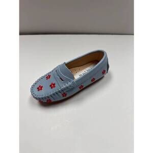NEW 1936 girl's chloe flower embroidered driving mocassin in light blue leather/
